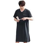 GTHTTT Nachthemd Herren Cotone Einteiliger Schlafanzug V-Ausschnitt Knielang Schlafkleid Kurzarm Robes Sleepshirt Taschen Schlafoveralls,Dark Gray,3XL