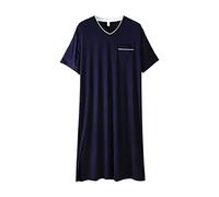 GTHTTT Nachthemd Herren Cotone Einteiliger Schlafanzug V-Ausschnitt Knielang Schlafkleid Kurzarm Robes Sleepshirt Taschen Schlafoveralls,Dark Blue,L