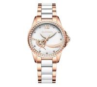 Guanqin Damen-Skelett-Automatikuhr, selbstaufziehend, mechanische Strass-Uhr, Saphir, doppelseitig, hohl, wasserdicht, Vintage-Stil, leuchtender Stahl und Keramik oder Lederband, Gqgj16121 Rose White