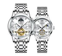 Guanqin Herren Damen Paar Skelett Multifunktional Automatisch Selbstaufzug Mechanische Strass Uhr Saphir Business Doppelseitig Hohl Wasserdicht Mondphase Stahl Armbanduhr, silberfarben / weiß