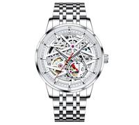 Guanqin Vintage Skelett Automatik Selbstaufzug Mechanische Herren Armbanduhr Saphir Business Doppelseitig Hohl Wasserdicht Leuchtende Uhr Stilvolle Edelstahl Armbanduhr, silberfarben / weiß, Klassisch