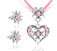 GUBOOM 3 Stück Trachtenschmuck Damen Set, Trachtenkette Damen Oktoberfest, Bayerisch Dirndlschmuck Trachtenkette, Oktoberfest Accessoires Kette Schmuck mit Herz Anhänger und Ohrstecker (Rosa)