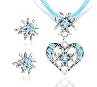 GUBOOM 3 Stück Trachtenschmuck Damen Set, Trachtenkette Damen Oktoberfest, Bayerisch Dirndlschmuck Trachtenkette, Oktoberfest Accessoires Kette Schmuck mit Herz Anhänger und Ohrstecker (Blau)