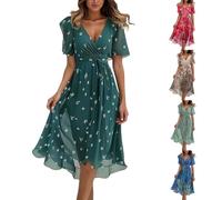 günstige Abendkleider lang，Chiffon Boho Lange Kleid Damen Sommerkleid Elegant Rüschen Wickelkleid Partykleid Sexy V-Ausschnitt Maxikleid Blumenkleid Abendkleid Rüschen Strandkleid Cocktailkleid