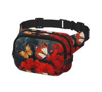 Gürteltasche für Damen und Herren, Umhängetasche, rote Blumen und Schmetterlinge, Gürteltasche mit verstellbarem Riemen, Hüfttasche