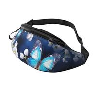 Gürteltasche für Damen und Herren, verstellbare Hüfttasche, blaue Schmetterlinge, weiße Blumen, Crossbody-Tasche, Überall, Gürteltasche, Hüfttasche