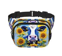 Gürteltasche mit Kuh mit Sonnenblumen in Blau bedruckt, mit verstellbarem Riemen, quadratisch, doppellagig, Unisex, überall