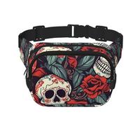 Gürteltasche mit Totenköpfen und roten Rosen, verstellbare Umhängetasche, große Hüfttasche, Reisegürteltasche, Unisex, Bauchtasche