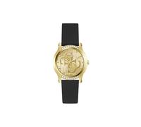Guess Annette Damen Armbanduhr, Quarz Analog, Edelstahl, 36mm, Silikonarmband, Schwarz, 1 bar, Zifferblattfarbe: Gold, Leuchtzeiger, GW0860L1