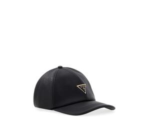 GUESS Baseballmütze aus schwarzem Kunstleder mit dreieckigem Logo aus Metall, verstellbar