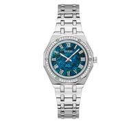 GUESS Damen Armbanduhr Desire mit Zirkonia, silberfarbenes Edelstahlarmband, Mineral Glas, blaues Ziffernblatt, 5 Bar, Gehäusedurchmesser: 36 mm, GW0770L1