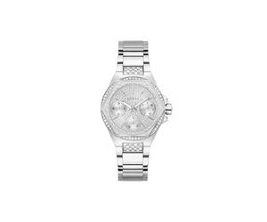 GUESS Damen Armbanduhr Envy mit Zirkonia, silberfarbenes Edelstahlarmband, Mineral Glas, silbernes Ziffernblatt, 3 Bar, Gehäusedurchmesser: 38 mm, GW0878L1