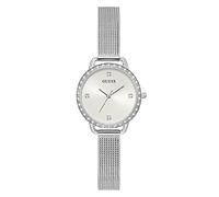 GUESS Damen-Armbanduhr, glitzernd, 30 mm, silberfarbenes Diamant-Zifferblatt mit silberfarbenem Kristall-Edelstahlgehäuse und Mesh-Armband, silberfarben, Silberfarben
