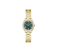 Guess Damen Armbanduhr GW0841L9 Mini Luna, 30 mm Edelstahl grün, blaues Zifferblatt, Quarz, Mineralglas, 3 ATM, Zirkonia, Gliederarmband Gold 14 mm