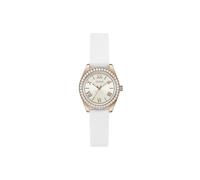 Guess Damen Armbanduhr GW1000L3 Mini Luna, 30 mm Edelstahl Rosegold, Silberfarbenes Zifferblatt, Quarz, Mineralglas, Zirkonia, 3 ATM, weißes Silikonarmband 14 mm
