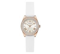Guess Damen Armbanduhr GW1000L3 Mini Luna, 30 mm Edelstahl Rosegold, Silberfarbenes Zifferblatt, Quarz, Mineralglas, Zirkonia, 3 ATM, weißes Silikonarmband 14 mm
