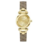 Guess Damen Armbanduhr GW1021L2, 30 mm Edelstahl Gold, goldfarbenes Zifferblatt mit Steinbesatz, Quarz, Mineralglas gehärtet, 3 ATM, Lederarmband braun