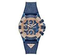 Guess Damen Armbanduhr Iconic 40TH mit Datumsanzeige, Jeans Optik Silikonarmband, Mineral Glas, blaues Ziffernblatt, 5 Bar, Gehäusedurchmesser: 40 mm, GW0813L1