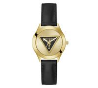 Guess Damen Armbanduhr TRI Plaque, schwarzes Lederarmband, Mineral Glas, goldenes Ziffernblatt, 5 Bar, Gehäusedurchmesser: 34 mm, GW0744L2