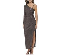 GUESS Damen Gestreiftes Folienstrickkleid mit Einem Ärmel und Hohem Schlitz Kleid, Schwarz/Bronze, 32