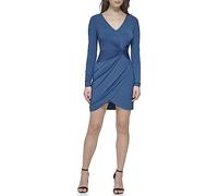 GUESS Damen Kleid mit Knotendetails, langärmlig, V-Ausschnitt, Blaugrün/EIN Hauch von Paradies (Trace of Paradise), 34