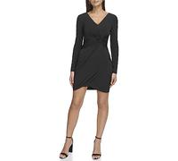 Guess Damen Langärmeliges Kleid mit V-Ausschnitt und Knotendetail Cocktailkleid, Schwarz, 36
