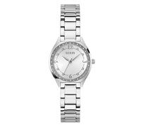 GUESS Damen Armbanduhr Charlotte mit Zirkonia, silberfarbenes Edelstahlarmband, Mineral Glas, silberfarbenes Ziffernblatt, 3 Bar, Gehäusedurchmesser: 30 mm, GW0767L1