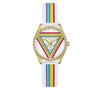 Quarzuhr GUESS "JOY", bunt, goldfarben, Armbanduhren, Damen, Quarzuhr, Armbanduhr, Damenuhr, Silikonarmband, analog (85655135-0) bunt, goldfarben