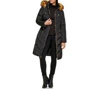 GUESS Damen Women's Midweight Puffer Jacket Daunenalternativer Mantel, Kunstfellkapuze schwarz, S