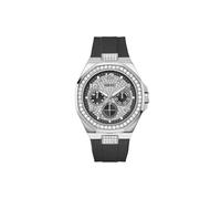 Guess Empire Herren Armbanduhr, Quarz Analog, Edelstahl, 46mm, Silikonarmband, Silber, 5 bar, Zifferblattfarbe: Schwarz, Datumsanzeige, GW1002G1