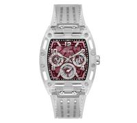 GUESS Herren Armbanduhr Analog Quarz Silikonarmband, Mineralglas, Gehäuse aus Polycarbonat, 50WR (Rotes Zifferblatt, durchsichtiges Gehäuse, durchsichtiges Armband)