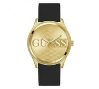 Guess Herren Armbanduhr GW0726G2 Reputation, 44 mm Edelstahlgehäuse goldfarben, Champagner Zifferblatt, schwarzes Silikonarmband, Analog Quarz, 3 ATM