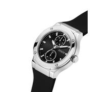 GUESS Herrenuhr 45 mm - schwarzes Armband, schwarzes Zifferblatt, silberfarbenes Gehäuse, Schwarz, Classic