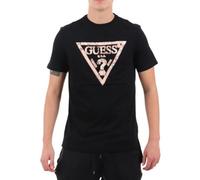 GUESS Herren-T-Shirt, schwarz, dreieckiges Metallic-Logo in Roségold, kurze Ärmel, Schwarz , L