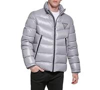 GUESS Herren Mittelschwerer Puffer mit Übergroßem Reißverschluss Jacke, Silber, M