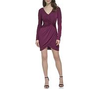 GUESS Langärmeliges Damenkleid mit Knotendetail und V-Ausschnitt, Pflaume, 38