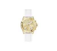 Guess Majesty Damen Uhr 40 mm Edelstahl - Quarz Analog Armbanduhr Silikonarmband Weiß, Fashion Uhr Damenuhr Gold mit Datum Leuchtzeiger, 1 bar GW0772L3