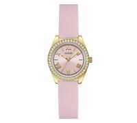 Guess Damen Armbanduhr GW1000L2 Mini Luna, 30 mm Edelstahl Gold, rosafarbenes Zifferblatt, Quarz, Mineralglas, Zirkonia, 3 ATM, weißes Silikonarmband 14 mm