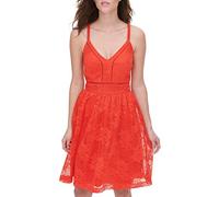 GUESS Schulterfreies Midikleid für Damen, strukturiertes Strick, Sand-mehrfarbig, Größe 42, Korallenrot (Hot Coral), 38