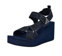 GUESS Women's Dawsin Wedge Sandal, Black Denim Rhinestone Logo 400, 37.5 EU