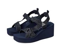 GUESS Women's Dawsin Wedge Sandal, Black Denim Rhinestone Logo 400, 39.5 EU