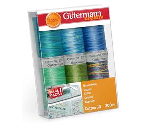 Gütermann Nähfaden Set Cotton Nr. 30, 6 Spulen à 300 m, Baumwollgarn für Näharbeiten, Blau und Grün