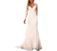 GUHPZA Hochzeitskleid für Damen mit Ärmeln, rückenfreies Brautkleid aus Spitze, V-Ausschnitt mit Schleppe, langes, figurbetontes Kleid (Weiß, Größe 22W)