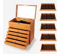 GUHPZA Schmuckkästchen Für Damen, Groß, Aus Holz, Mit Spiegel, Schmuckkasten Mit 5 Schubladen, Große Speicherkapazität, Abschließbar, Organizer Zur Schmuckaufbewahrung, Toll