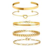 Guidre 5Pcs Armband Damen, Edelstahl Ketten Armbänder Set | 14K Vergoldet Armbander, Twist Schlange Armkette Damen, CZ Verstellbar Armband Set, Charm Armband für Valentinstagsgeschenk
