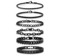 GUJOXILA 6 Stück Armband Herren Schwarz Edelstahl Armbänder Boss Jungs Kubanische Armband 19cm/21cm/23cm Kette Länge für Hip Hop Rapper Geschenke für Ehemann Papa Sohn