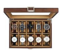 GUKA Uhrenbox, 10 Slots Uhrengehäuse mit Echtglasdeckel, Holz Uhrenvitrine mit Tuch Uhrenkissen, Uhrenaufbewahrungsbox für Damen und Herren, Braun