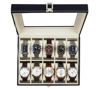 GUKA Uhrenbox mit 10 Fächern, Echtglas-Organizer, Aufbewahrung mit PU-Leder, für Damen und Herren