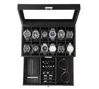 GUKA Uhrenbox, Uhrenetui mit 12 Fächern, Uhrengehäuse für Herren mit Echtglasdeckel, Kunstleder-Uhren-Organizer, Aufbewahrung mit Schmucketui, Geburtstag für Männer und Frauen, schwarz, GK-012-BKCX