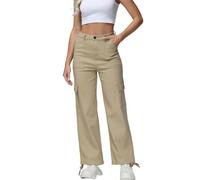GUNLIRE Cargohose für Damen, hohe Taille, Baggy mit 6 Taschen, Y2K, weites Bein, Stretch, gerade Passform, elastisch, Streetwear, Khaki, 38